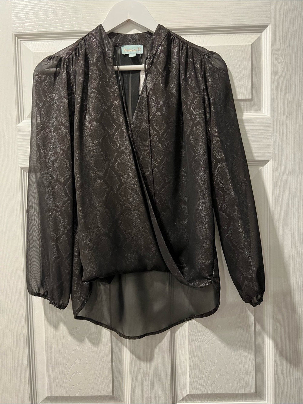 Veronica M Black Sheer Wrap Blouse with Subtle Snake Print